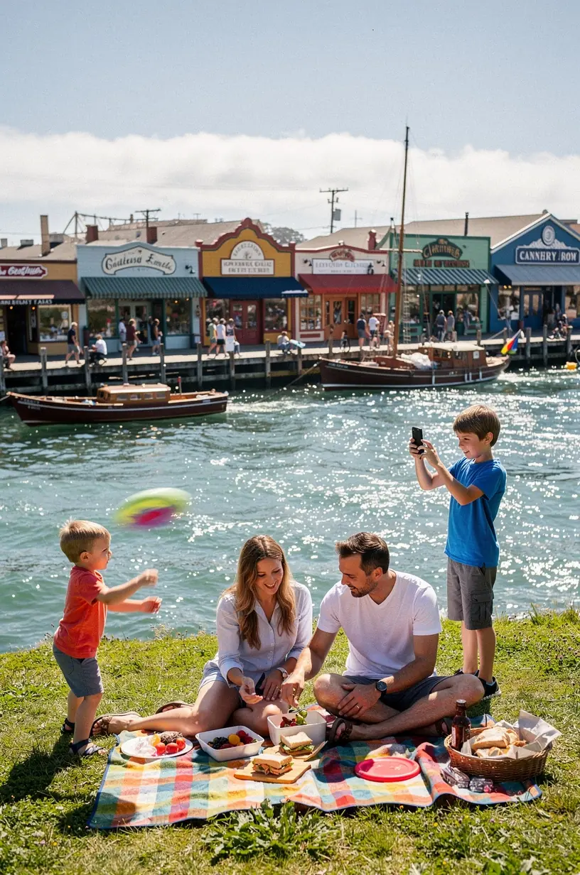Picturesque harbor with fishing boats docked alongside waterfront restaurants in a coastal city.